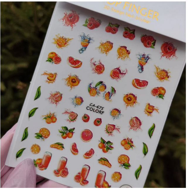 

Наклейки для ногтей фрукты, апельсин, персик, малина Sweet Nails СА №675, Разные цвета