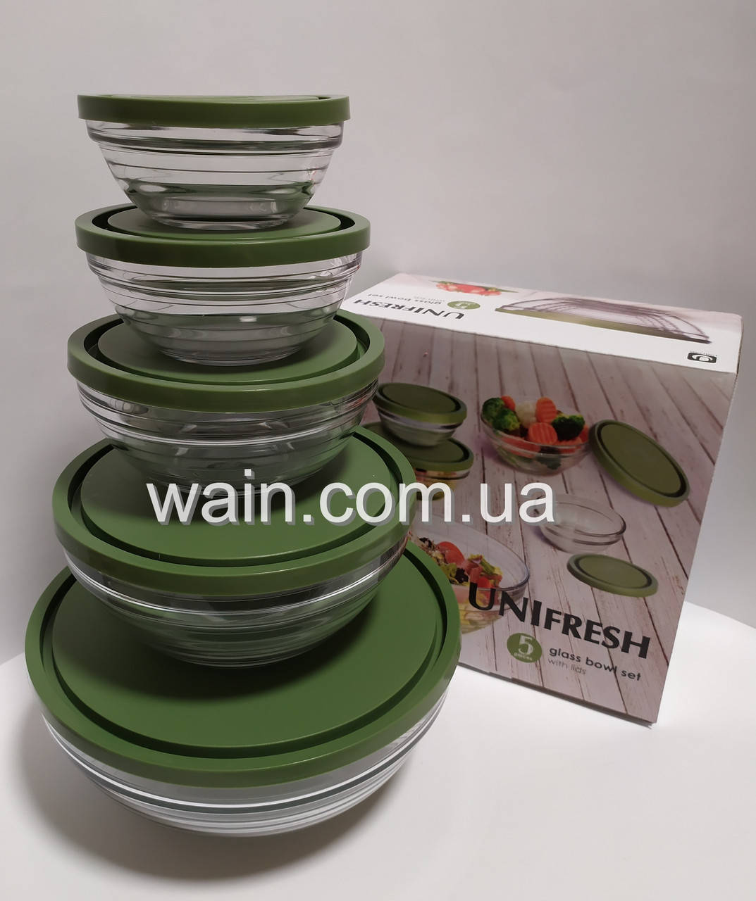 

Набор стеклянных салатников (судочков) 5 шт с пластиковыми зелеными крышками UniFresh, Зелёный