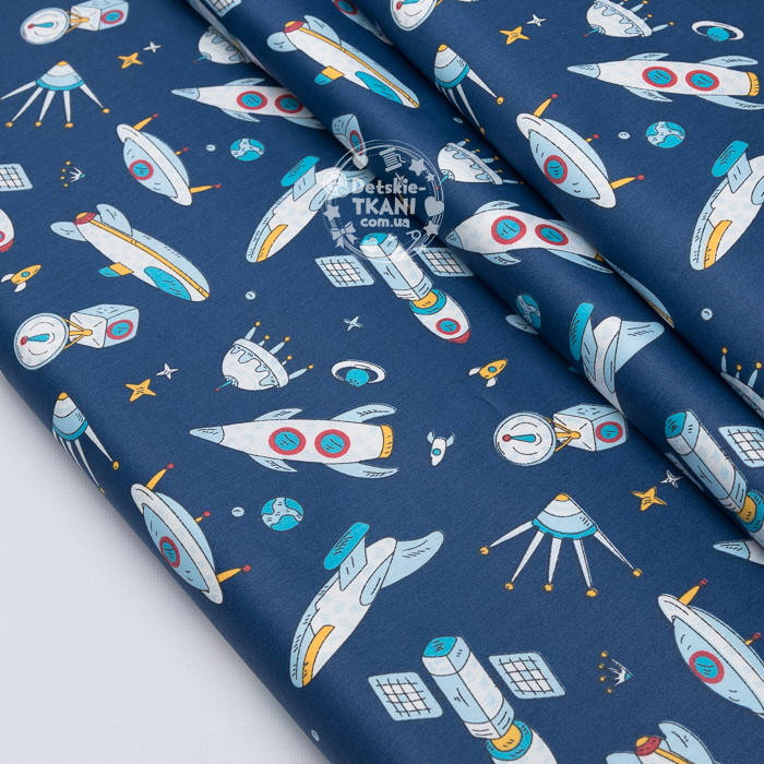 

Ткань сатин "Ракеты и летающие тарелки" на синем фоне, №3633с, Разные цвета
