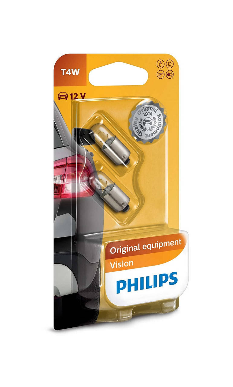 

Лампа накаливания PHILIPS T4W 12V 4W BA9S T8,5x24,5 (Blister - 2 pc.) 12929B2