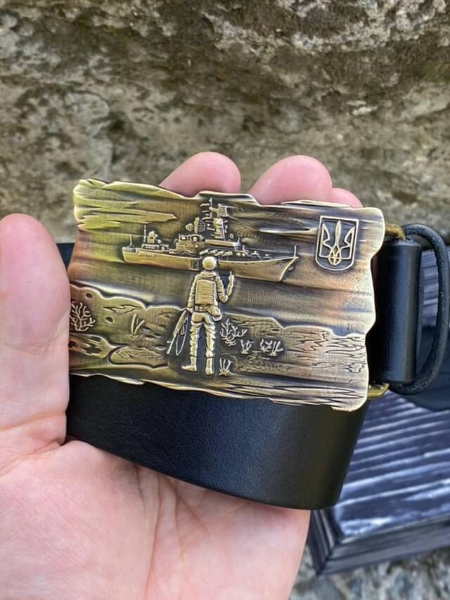 

Ремень кожаный с бляхой Miros "Русский военный корабль" Чёрный MRS01-01, Черный