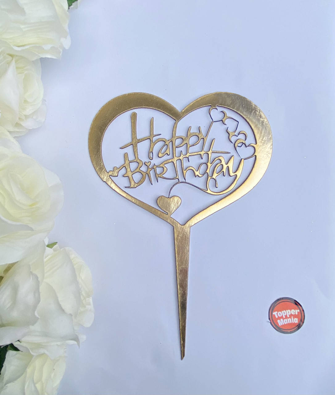 

Топпер Happy Birthday в сердце из ламинированного картона Золотой | Топпер Happy Birthday зеркальный картон