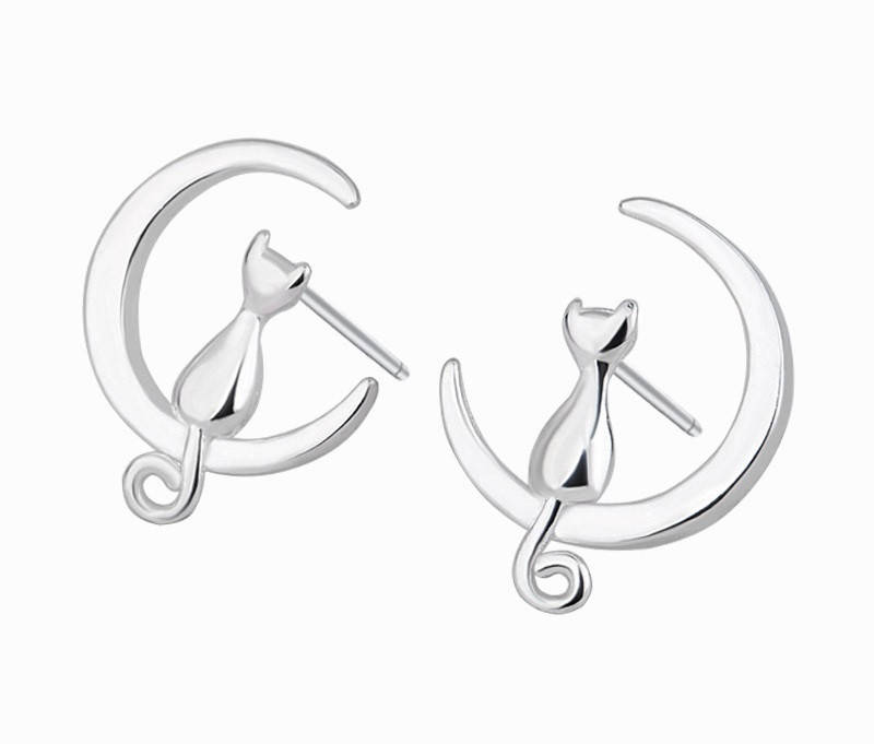 

Серьги-Гвоздики Милый Кот на Луне RINHOO Серебристый