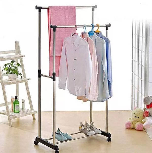 

Напольная вешалка стойка телескопическая Double Telescopic Pole двойная для одежды и обуви на колесиках BLM