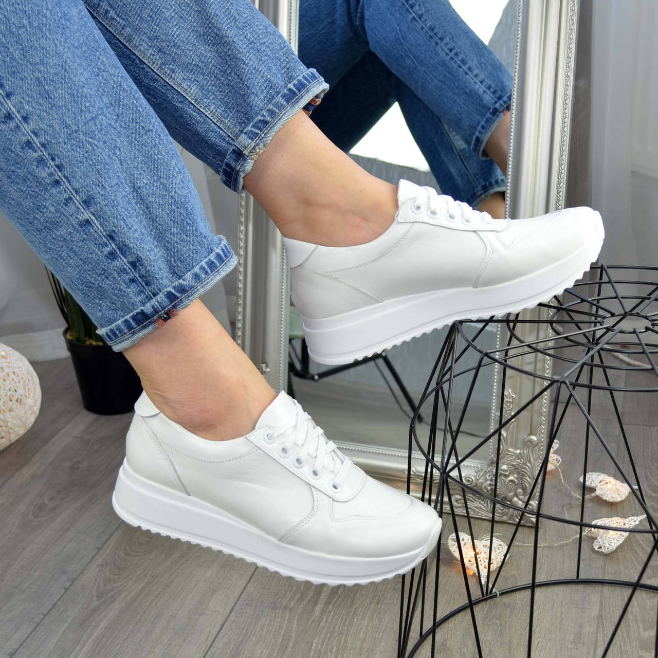 

Кроссовки белые кожаные женские на шнуровке, Белый