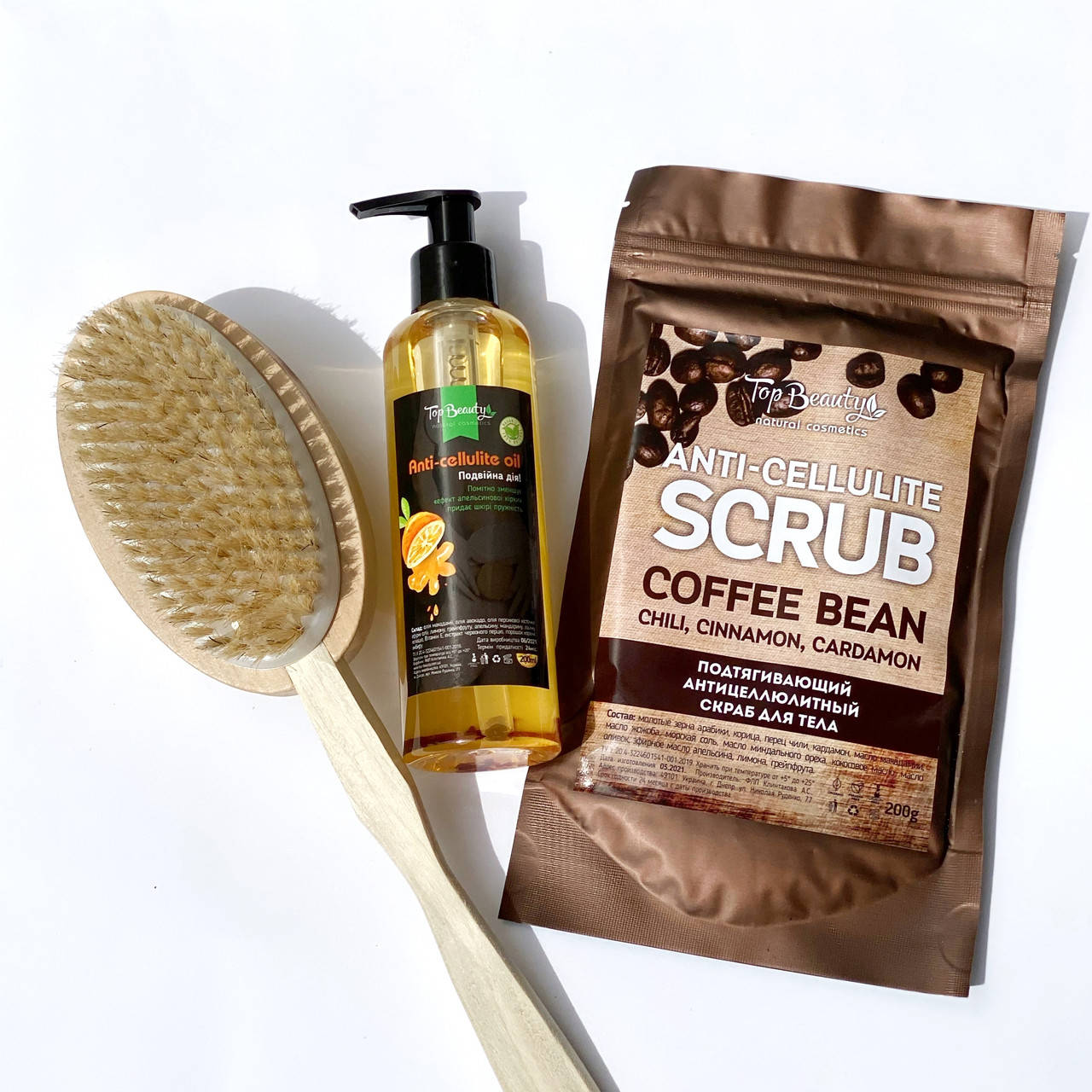 

Антицеллюлитный набор: щетка + масло+ скраб Top Beauty