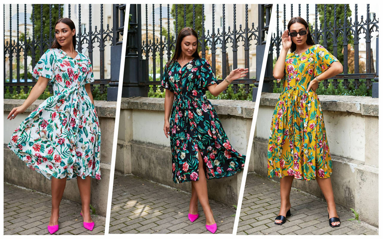 

Летнее платье халат на пуговицах из штапеля в цветочный принт размеры батал 48/50, жёлтый