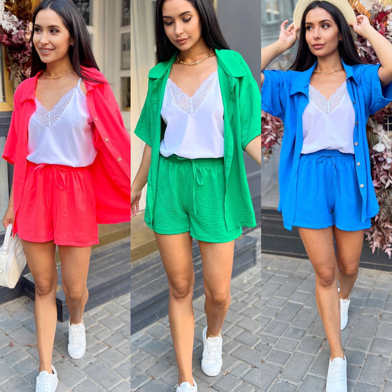 

Женский летний модный прогулочный яркий легкий стильный костюм шорты рубашка жатка 42-52 костюм-тройка