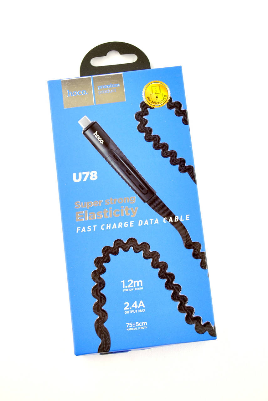 

Кабель Usb Micro USB HOCO U78 Cotton treasure elastic 2.4A 1.2m (плоский,тканевый) Black, Черный
