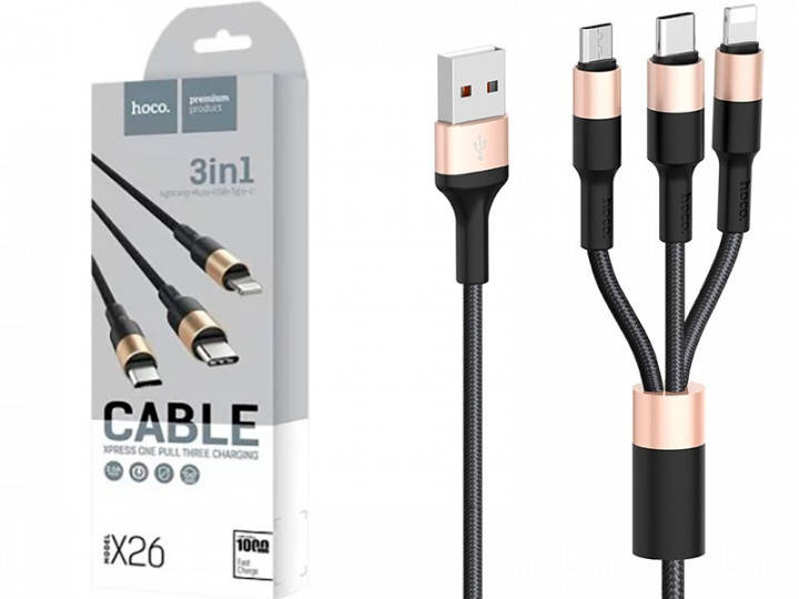 

Кабель Hoco X26 Xpress 3in1 Lightning + MicroUSB + Type-C 1м, Черный
