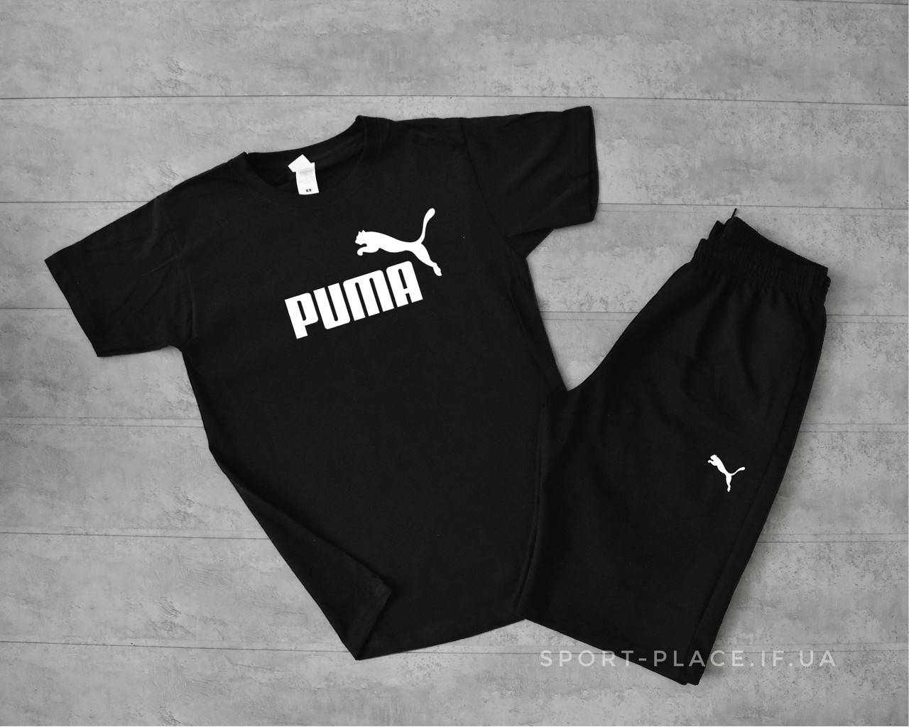 

Летний комплект шорты и футболка Puma (Пума) (черная футболка , черные шорты) большой логотип, Черный