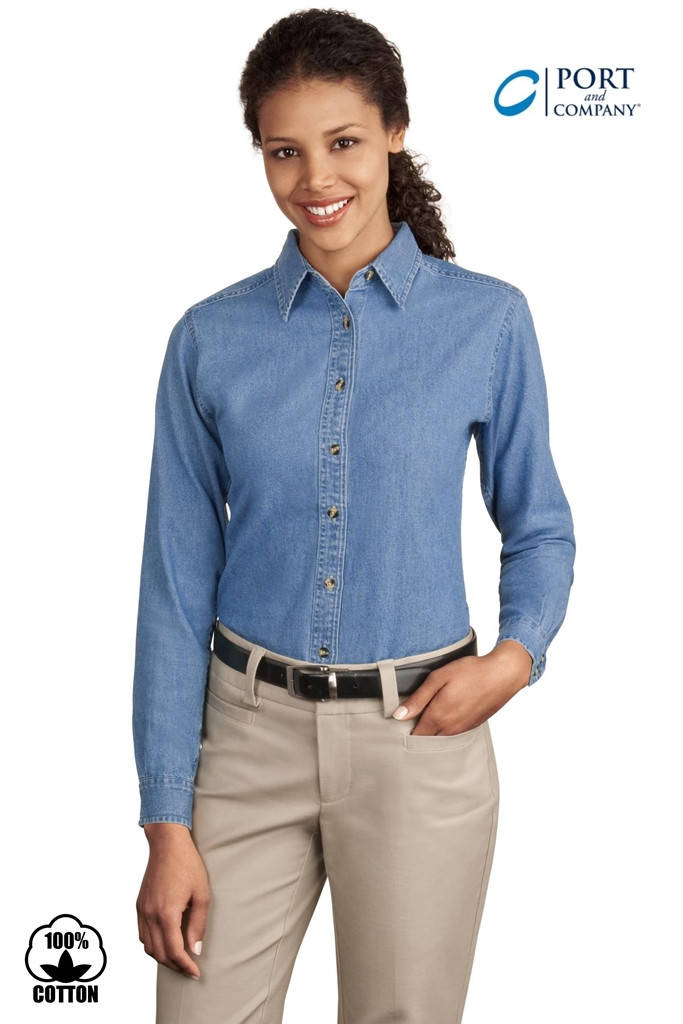 

Женская джинсовая рубашка Port and Company® с длинным рукавом, размер S, Голубой