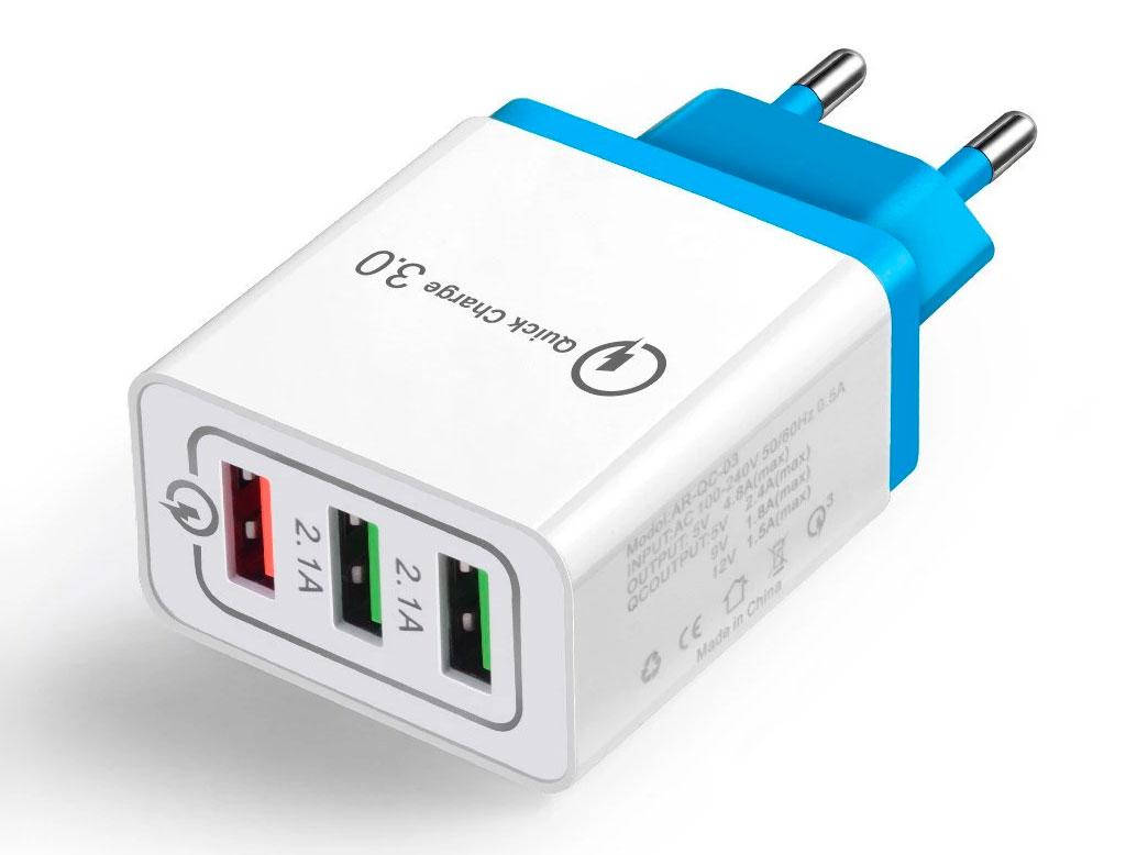 

Зарядное устройство Quick Charger на 3 порта Blue, Белый