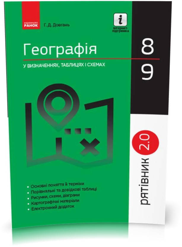

РОЗПРОДАЖ! 8 ~ 9 клас. Рятівник 2.0 Географія у визначеннях, таблицях і схемах (Довгань Г.Д.), Ранок