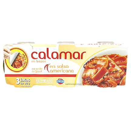 

Кальмар американська сальса Хасендадо Calamar en salsa americana Hacendado 3*80g 32пач/ящ (Код : 00-00010197)