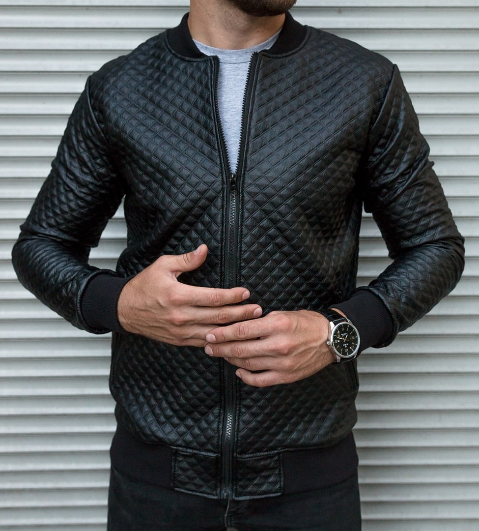 

Мужской черный бомбер на молнии стеганый в ромбик XL, Весна/осень, Casual