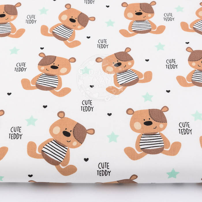 

Ткань бязь с коричневыми мишками и мятными звёздами "Cute Teddy" №512а, Коричневый