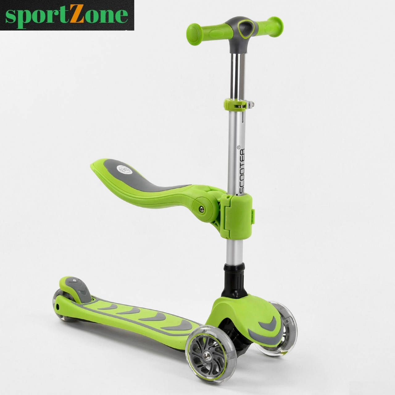 

Самокат трехколесный Best Scooter 07196, с сидением, складной алюминиевый руль, 4 колеса PU со светом, зеленый, Зелёный