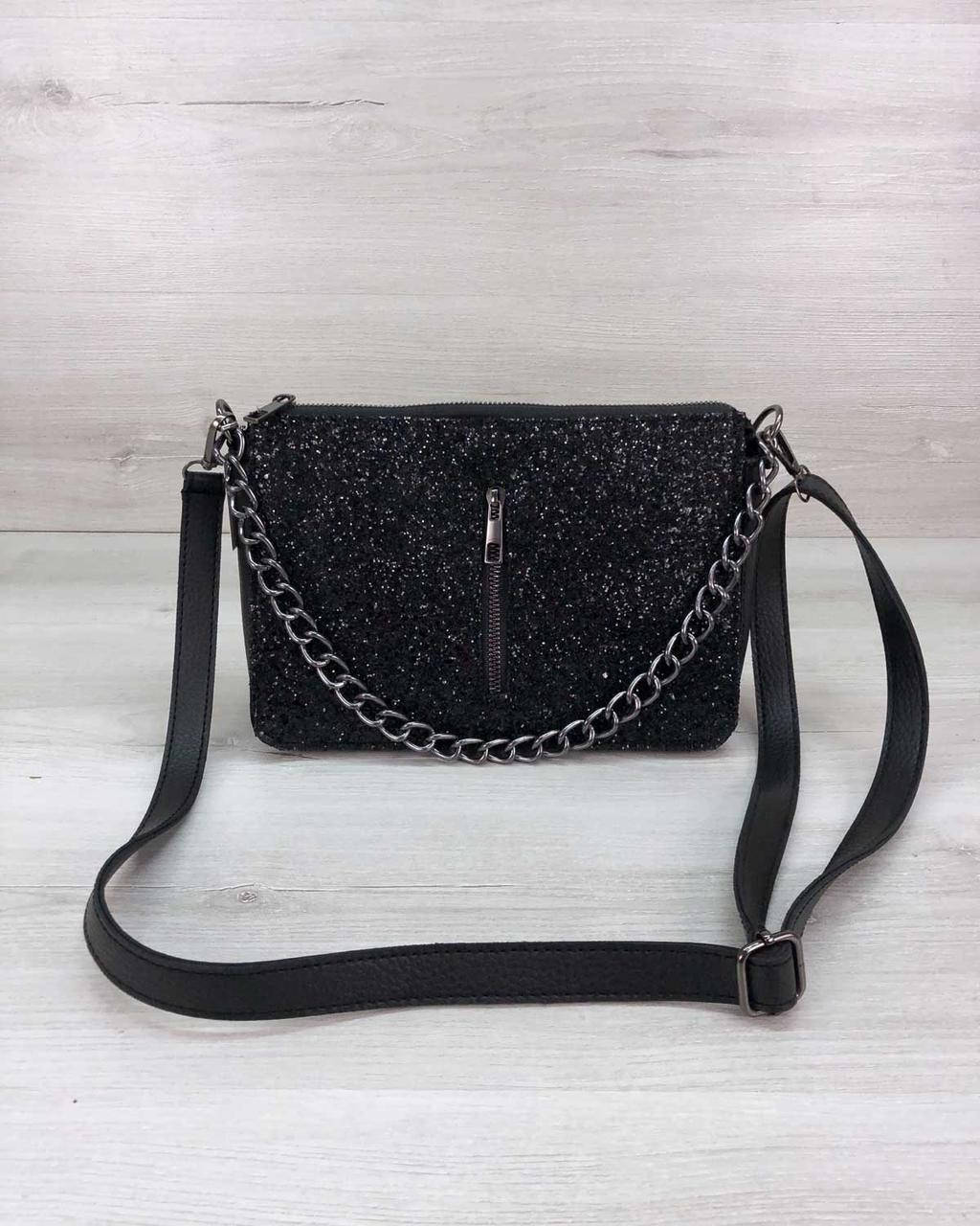 

Женская стильная сумка-клатч Tina женская со вставкой черный блеск. Клатчи женские повседневные
