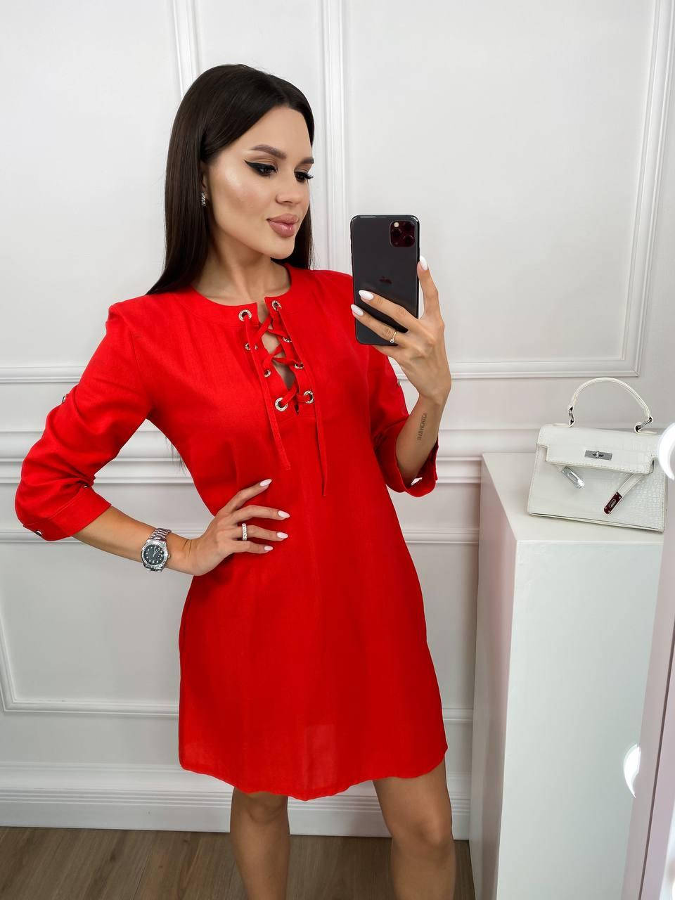 

Платье с карманами из льна красное 815 48