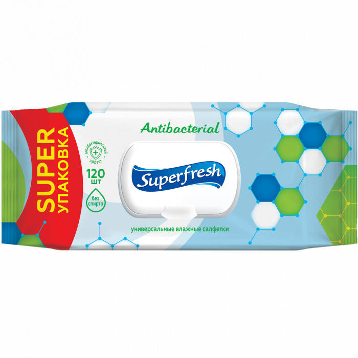 

Салфетка влажная Superfresh Antibacterial с клапаном 120 шт