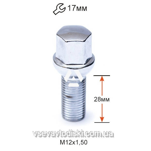 

Болт колесный A185110 Cr M12х1,5х28мм Сфера Хром Ключ 17мм
