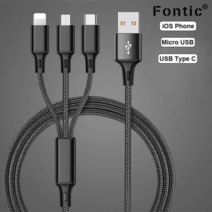 

Универсальный кабель 3 в 1 Quick Charge (lightning+Type-C+Micro) 1.2м