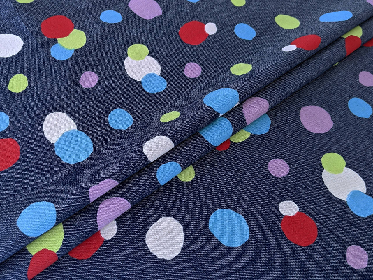 

Джинс коттон яркие горохи с красным, темно-голубой