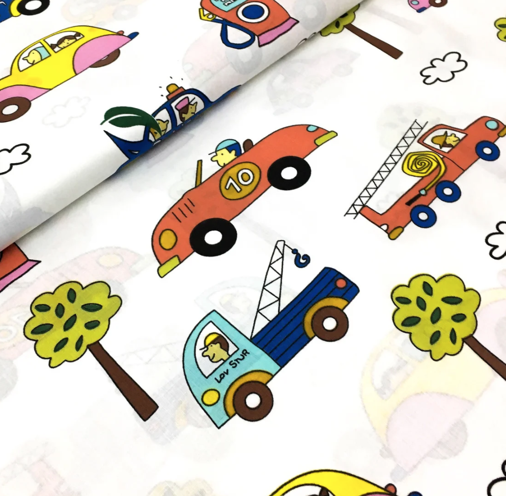 

Польская хлопковая ткань "машинки ретро с деревьями на белом", Разные цвета