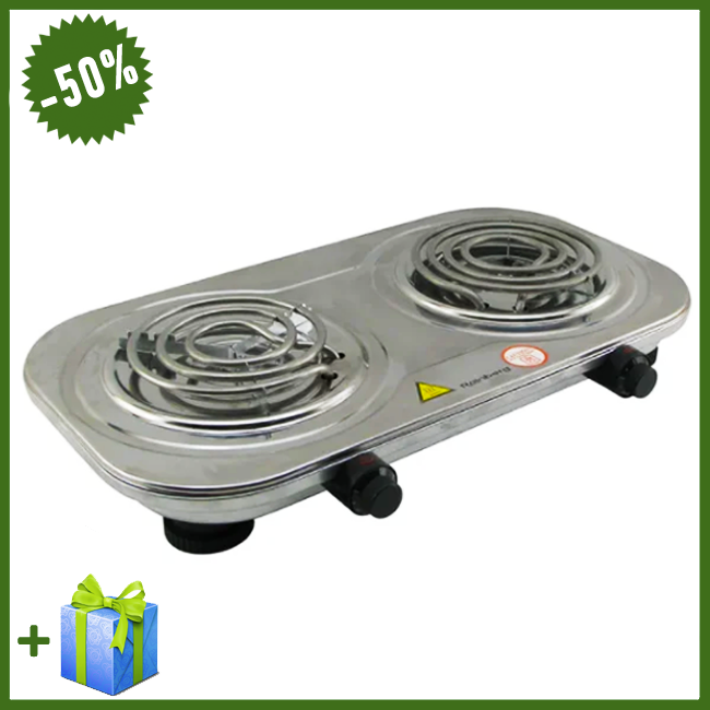 

Плита электрическая настольная на 2 конфорки Rainberg RB-008, Мощная бытовая электроплита из нержавеющей стали