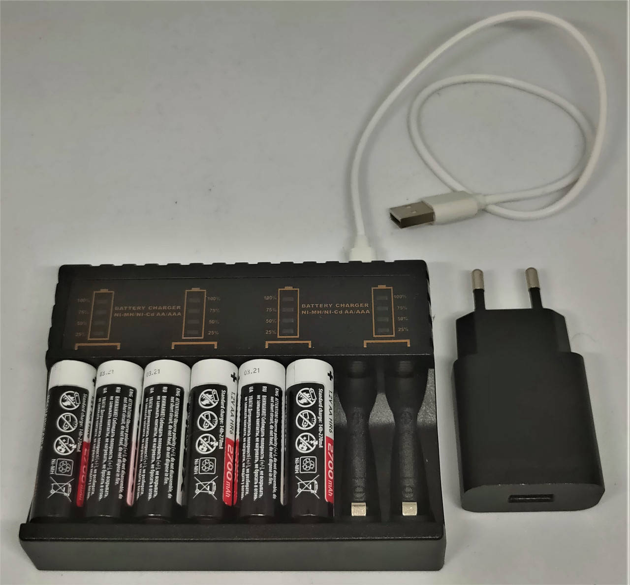 

Комплект: аккумуляторы батарейки 1,5V АА Ni-MH *6 шт + USB зарядное устройство