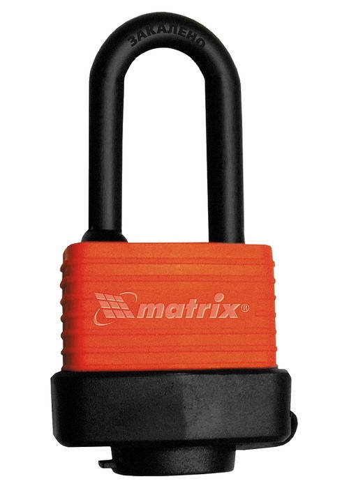 

Замок навесной 50 мм длинная дужка, Всепогодный (прорезиненный корпус) MATRIX