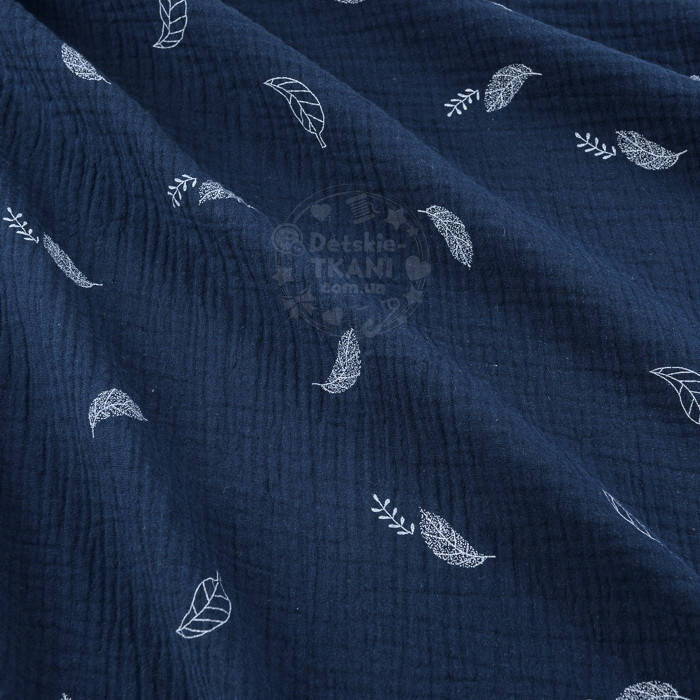 

Двухслойный жатый муслин с листиками на синем фоне, ширина 135 см, Синий