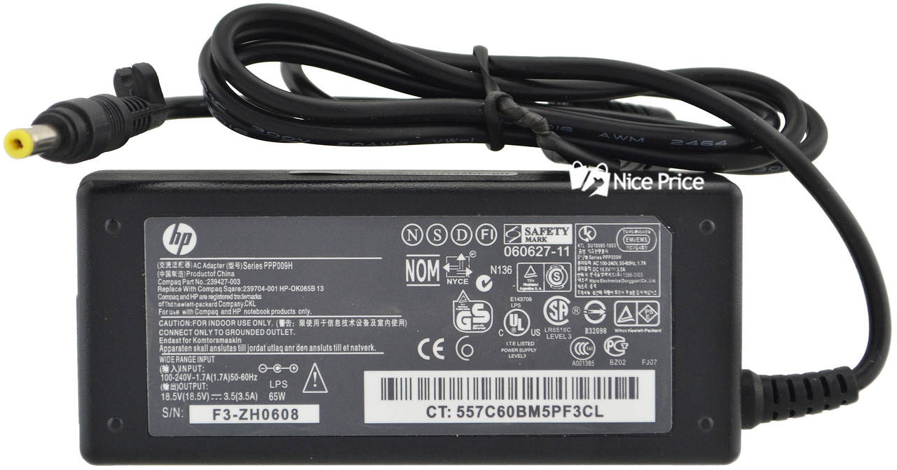 

Блок питания для ноутбука HP 18.5V 3.5A 65W 4.8x1.7 + кабель питания (0310)