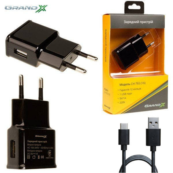 

Сетевое зарядное устройство Grand-X (1xUSB 1А) Black (CH-765T) + кабель USB-C, Черный
