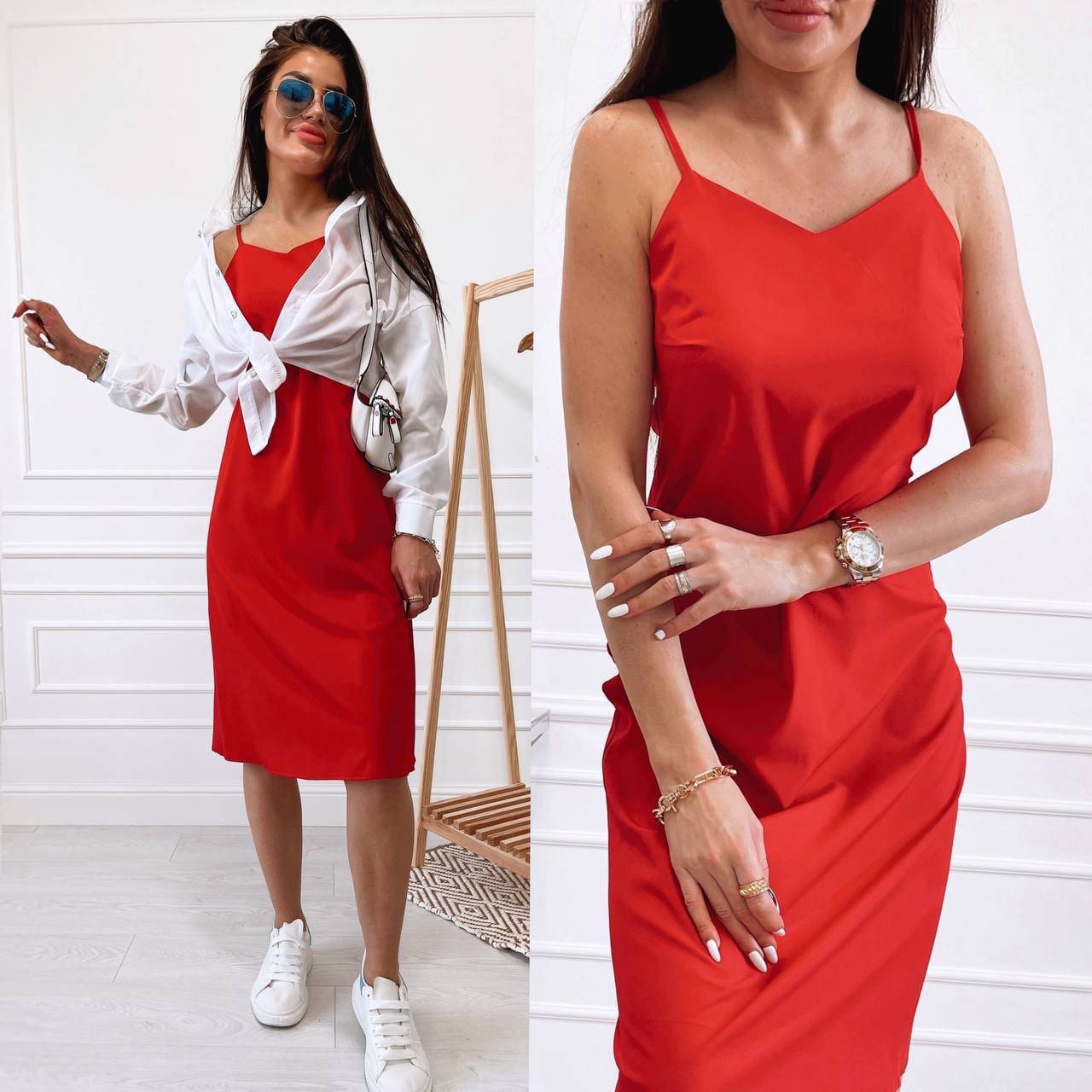 

Женское платье ниже колен на тонких бретелях с укороченной рубашкой из шифона