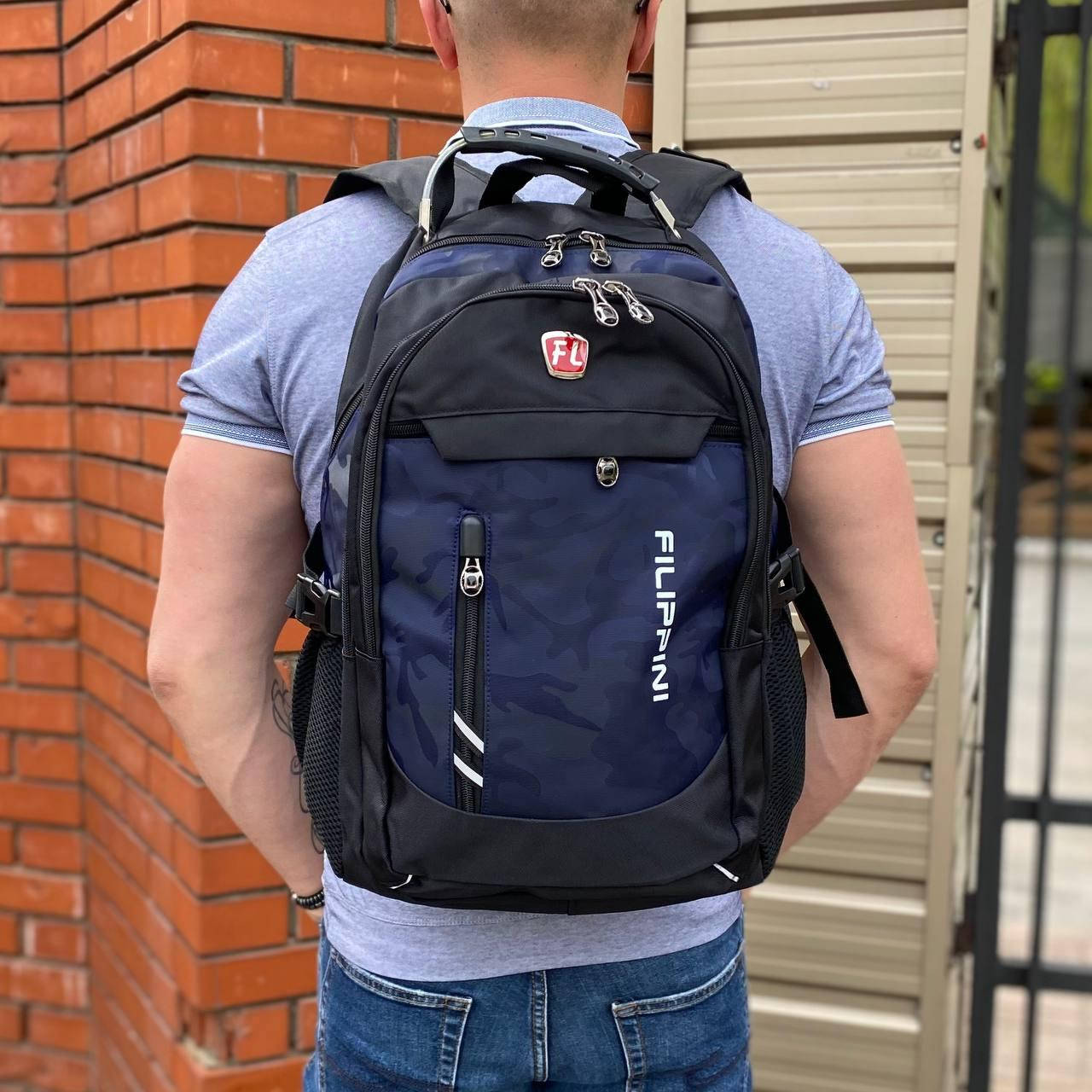 

Мужской вместительный черный синий рюкзак туристический городской много отделений портфель для путешествий, Темно-синий