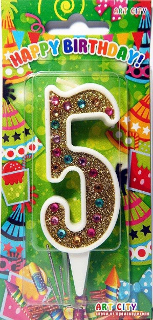 

Свеча цифра на торт "5" золотая со стразами