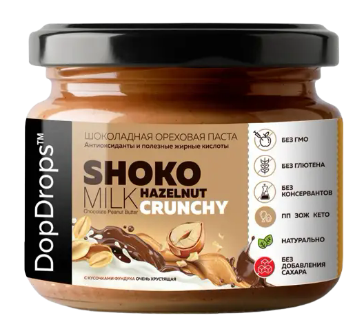 

Паста шоколадная ореховая DopDrops™ ShokoMILK Hazelnut Butter Crunchy (250 грамм)