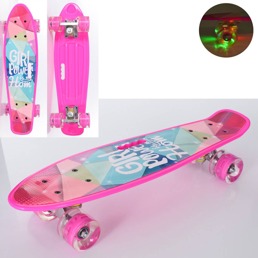 

Скейт пенниборд "Penny Board" розовый с принтом, светящиеся колеса