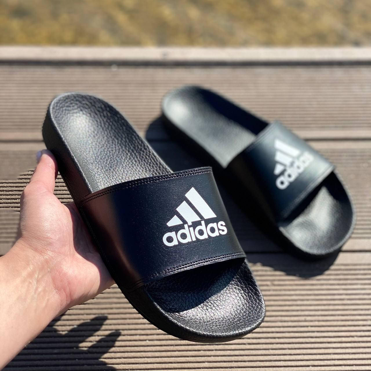 

Мужские шлепанцы Adidas черные, шлепки адидас кожаные, сланцы мужские тапки 45, Черный