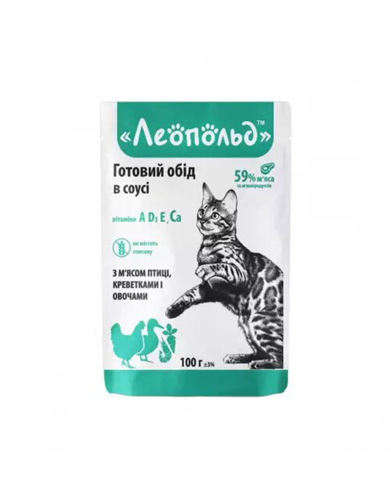 

Леопольд Готовый обед для взрослых котов с мясом птицы и креветками с овощами в соусе 100 г