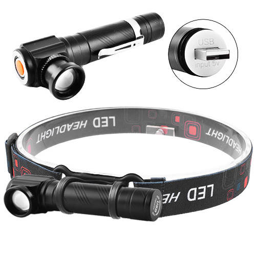 

(2 в 1) Фонарь налобный, ручной Police W01-T6 USB, магнит, Черный