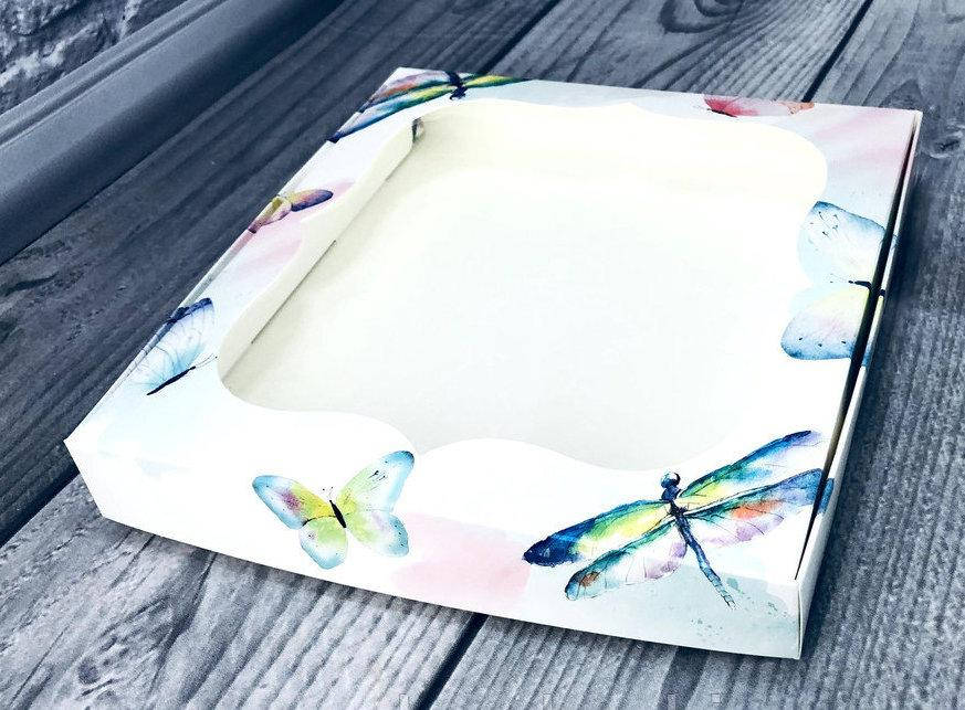 

Коробка для печива, пряників, з вікном, 20 см х 20 см х 3 см, мілований картон Акварель