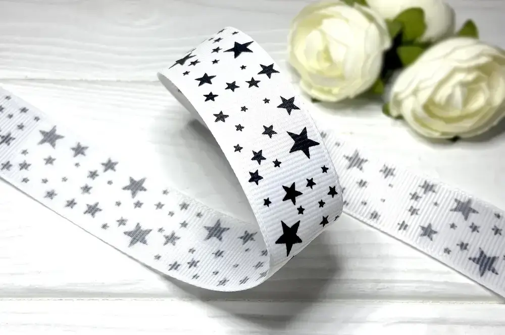 

Репсовая лента 2,5 см (1 м) "Звезды" белая, Синий