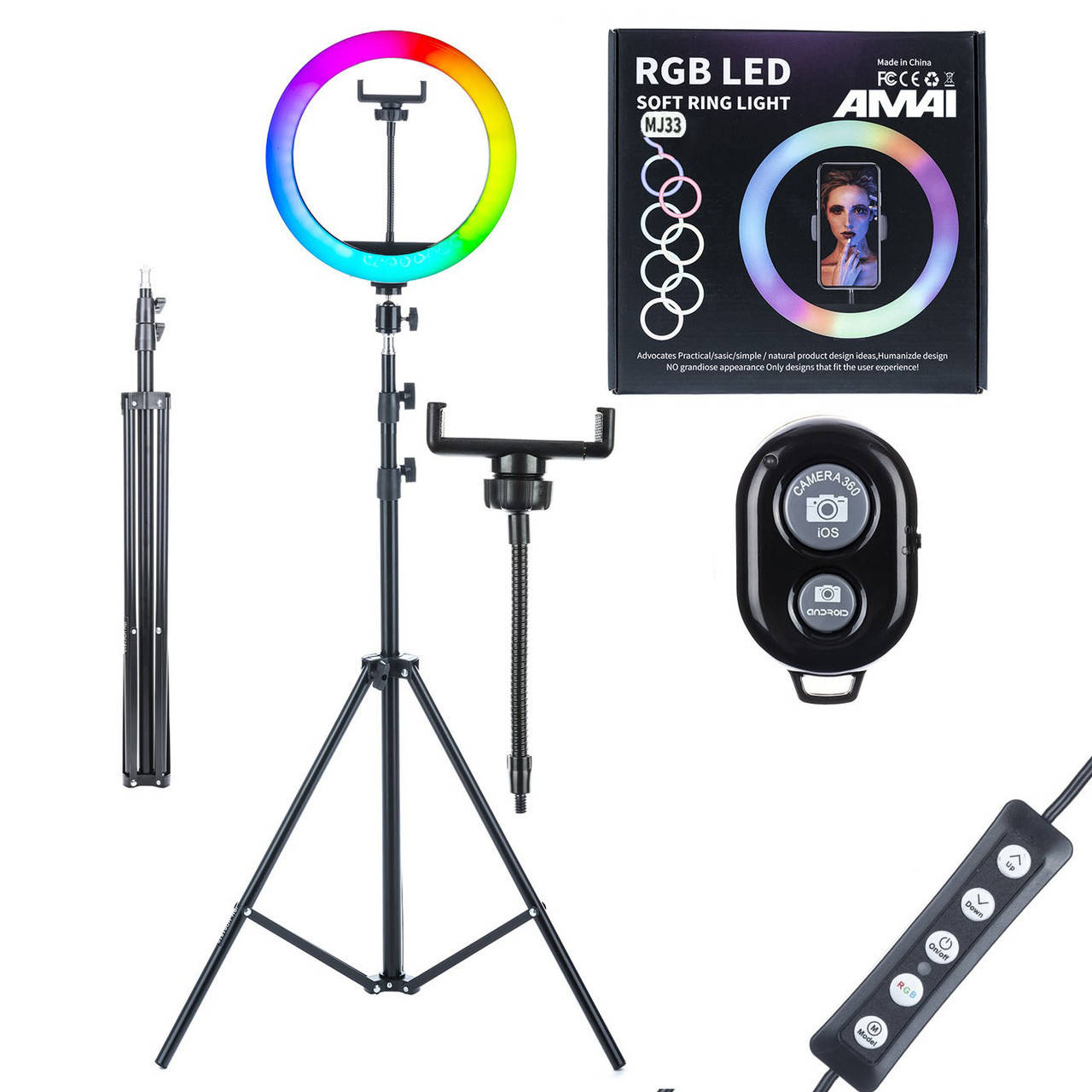 

Кольцевая лампа RGB 30 см с держателем под телефон и штативом 2м + Bluetooth пульт для селфи в ПОДАРОК