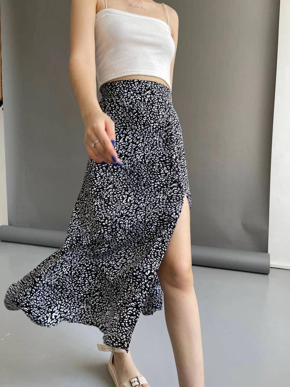 

Лёгкя летняя женская юбка миди с разрезом на ноге, высокая посадка, Черно-белый