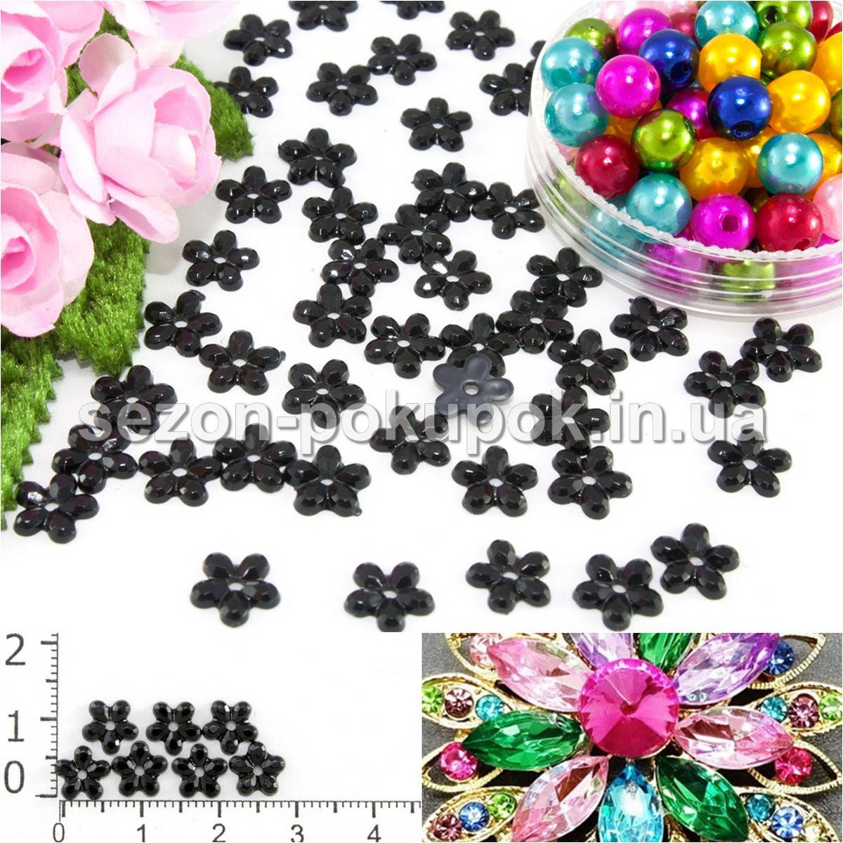 

( 250шт) Серединки стразы "цветочек маленький" Ø7мм Цвет - Черный