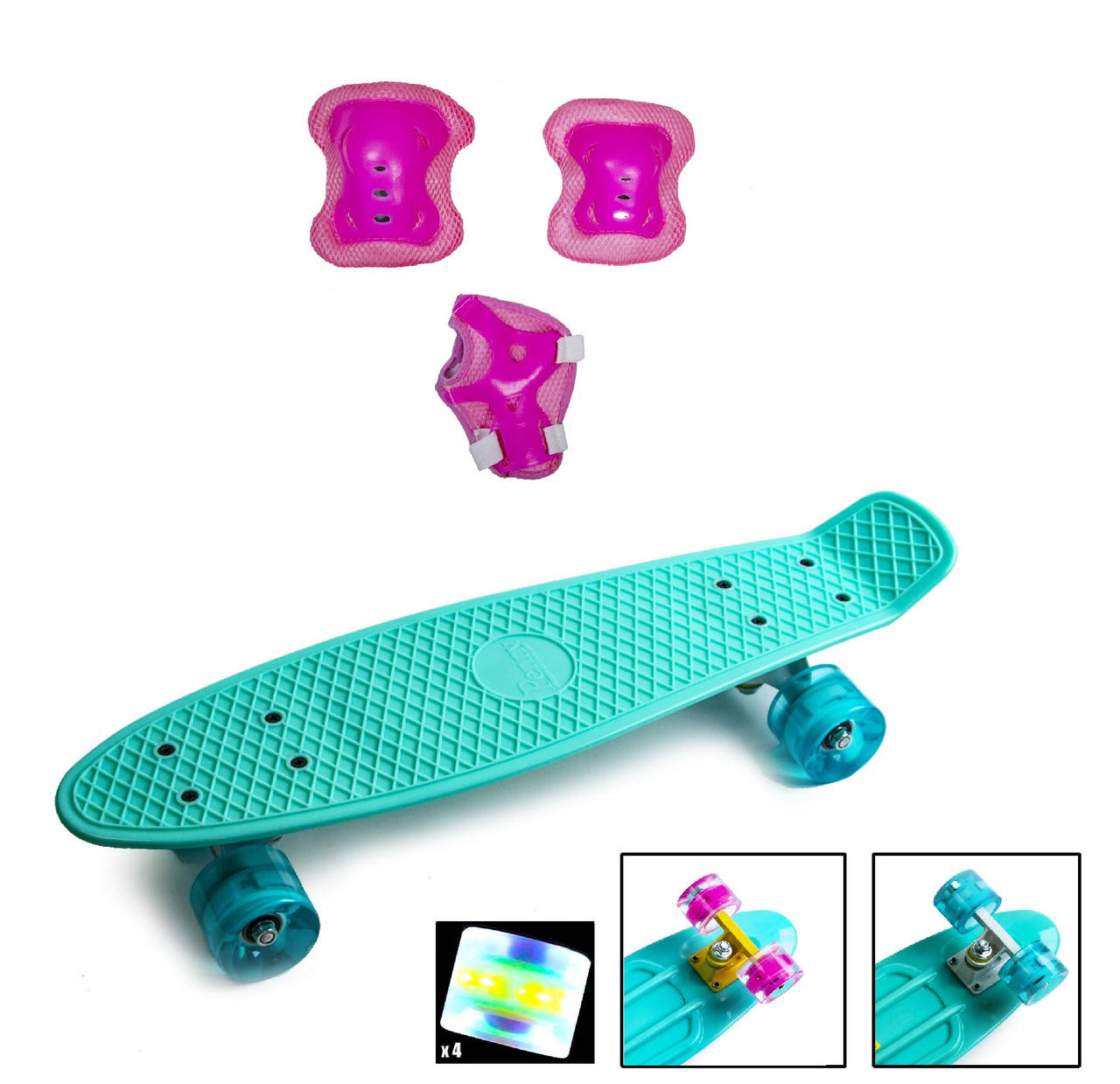 

Набор СкейтБорд Penny Board. Бирюзовый + защитная экипировка. Колеса светятся при катании!