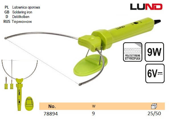 

Термонож для резки пенопласта LUND Польша P=9 Вт 3 насадки VR-78894